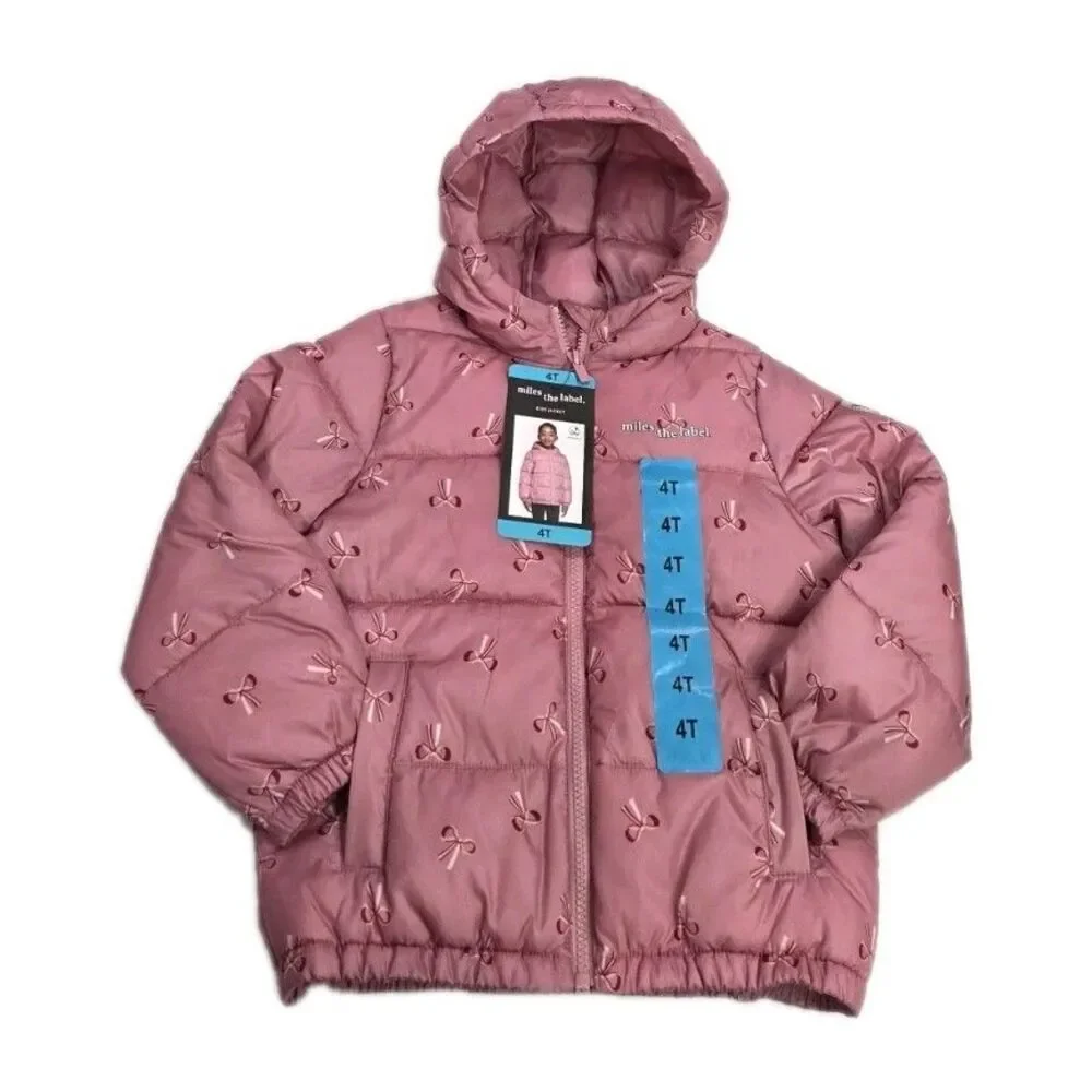 Miles the Label Kids Hooded Puffer Jacket Girls Water,‎ Pink with Bows, 4T NWT